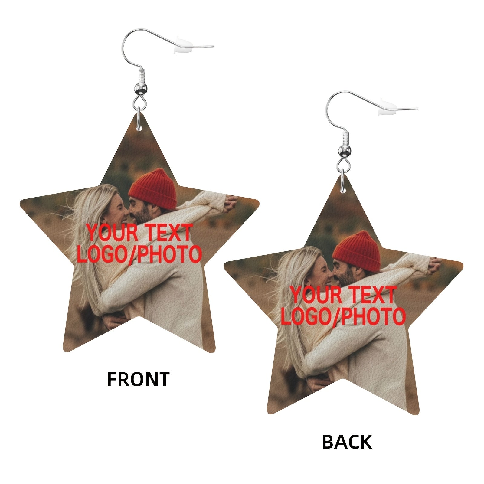 Beautiful pair of personalized leather star earrings, with custom text/photo/logo design, made with 925 silver plating. Perfect for special occasions like anniversaries, weddings, Mother's Day, birthdays, and Christmas. This versatile jewelry is suitable