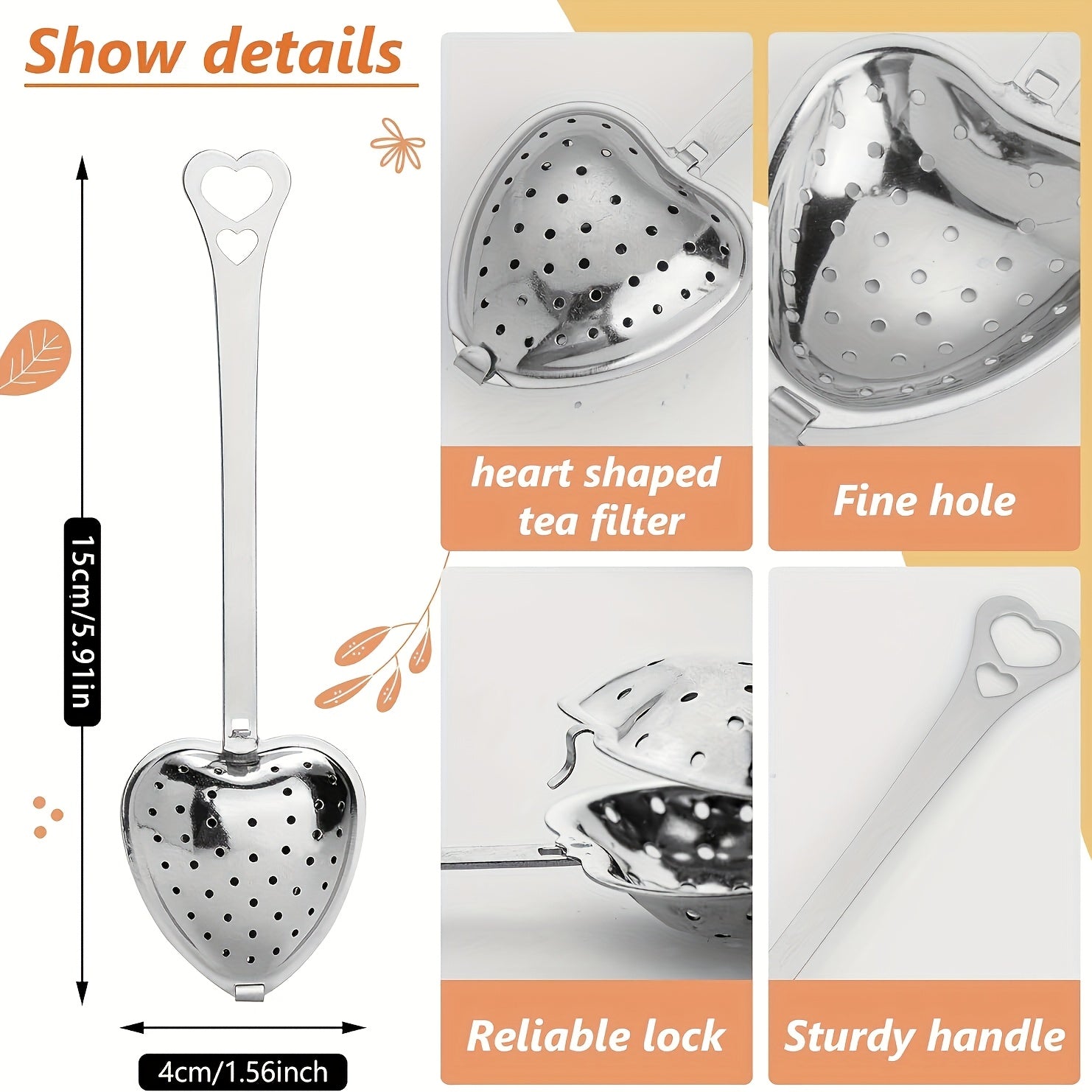 Set of 4 Stainless Steel Tea Strainers, Reusable Love Colanders, Ideal for Black Tea, Green Tea, Flower Tea, etc. Includes Vanilla Spice Brewing Spoon and Filter Spoon.