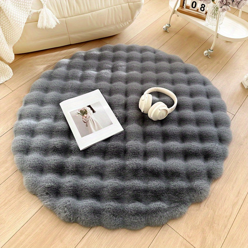 Plush Round Rug Made from Luxurious Cream Rabbit Fur - Ideal for Single Sofa, Living Room Coffee Table, Vanity & Bedside Décor, Cozy Carpet for Lazy Days