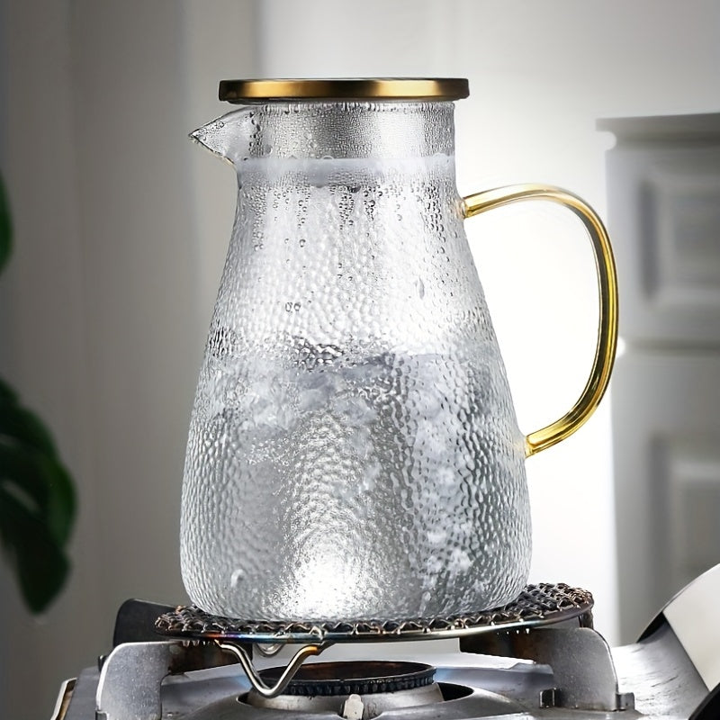 Durable and Elegant Glass Pitcher with Golden Handle - Perfect for Serving Cold Beverages, Tea & Water - Large Capacity, Heat-Resistant Carafe - Dishwasher Safe, Ideal for Home & Restaurant Use