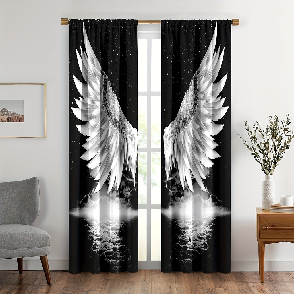 Black art window curtains featuring angel wings and stars, perfect for adding a touch of celestial charm to any room in your home or office. Enhance the decor of your bedroom, living room, or workspace with these stylish and elegant drapes.