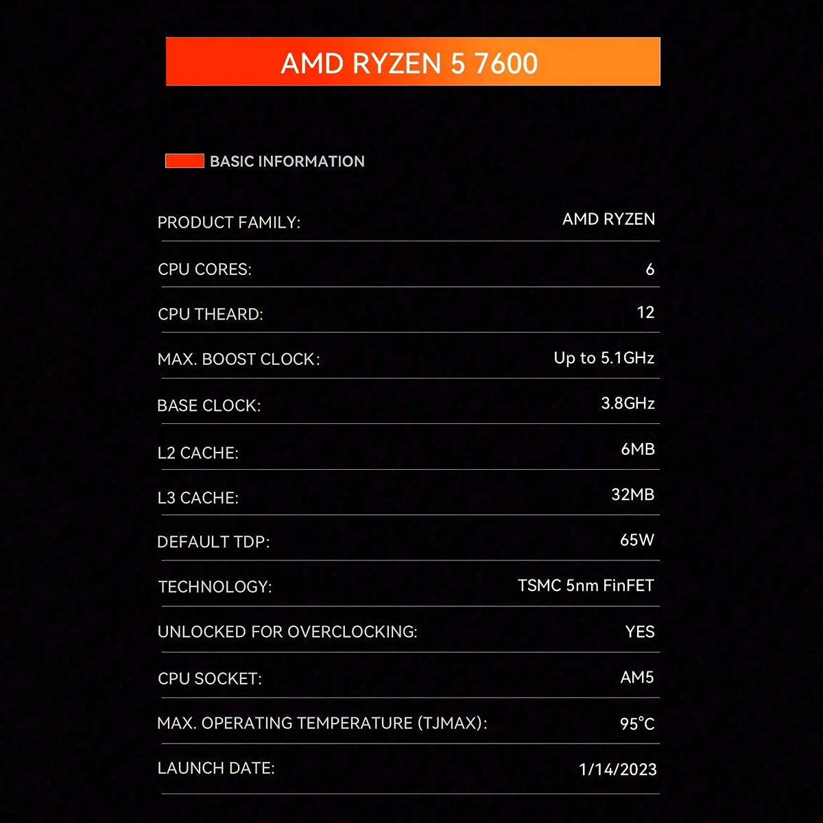 AMD Ryzen 5 7600 CPU for Gaming Desktops, 6-Core, 12-Thread, No Heat Sink Fan