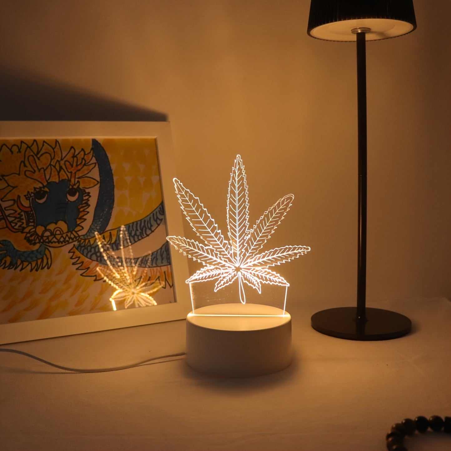 Maple Leaf 3D Visual Night Light with USB power, touch control, dimmable desk lamp and glass shade for elegant home decor.