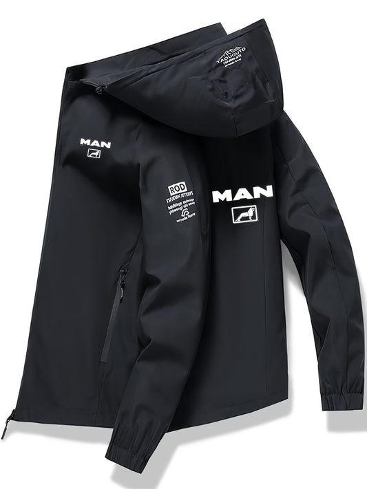 Navy blue men's outdoor jacket with "for Man" print, detachable hood, zippered pockets, made of high-quality polyester. Suitable for spring and autumn, ideal for casual outdoor wear.