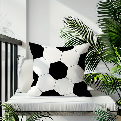 Soccer ball print pillow cover, soft polyester, 45x45cm, black & white hexagonal design, zipper closure, machine washable. Perfect for sofa, bedroom, and living room décor. Ideal for couch pillows.