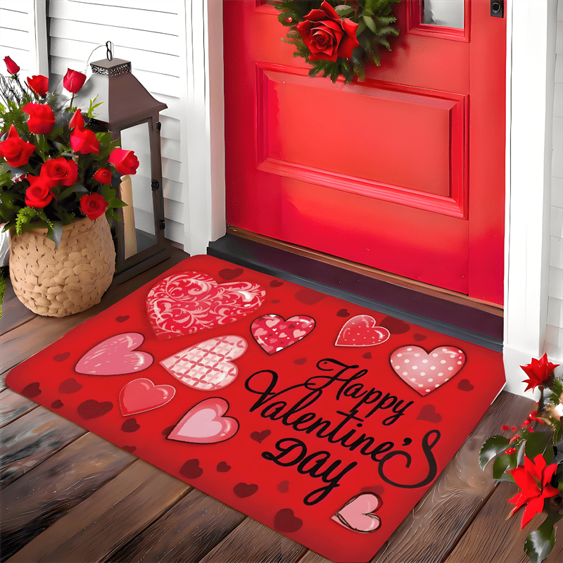 Valentine's Day Welcome Doormat in Love Theme, Crafted from Non-Slip Polyester Flannel, Easy to Wash in Machine, Resistant to Stains & Water, Low Pile Design, Machine-Made, Perfect for Entryways & Bathrooms, Ideal Valentine's Day Gift.