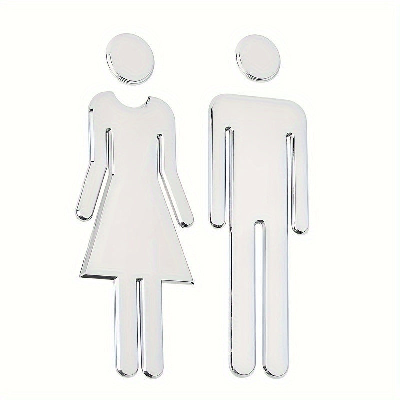 7.9-inch self-adhesive toilet door decal pair featuring painted male and female bathroom signs in Silvery Golden tone, suitable for office business and holiday decoration.