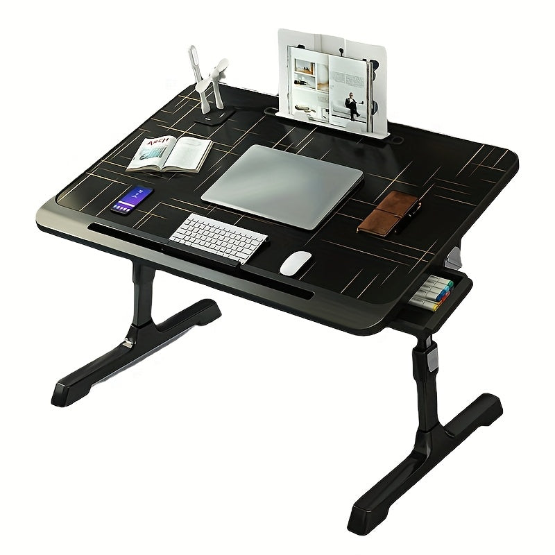 Adjustable overbed laptop desk with foldable legs and storage drawer for home and office use.