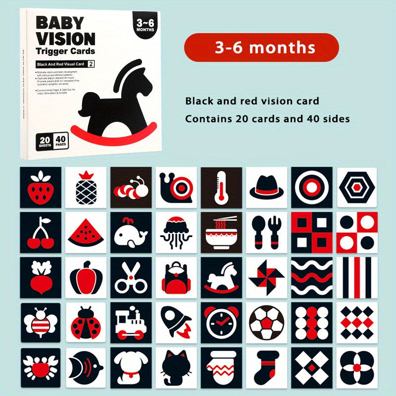 Children's Black and White Visual Stimulation Cards for Ages 0 to 3 Months, designed to help with tracking and visual development.