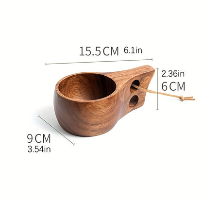 Handmade acacia wood coffee mugs with rope handle, perfect for camping and kitchen use.