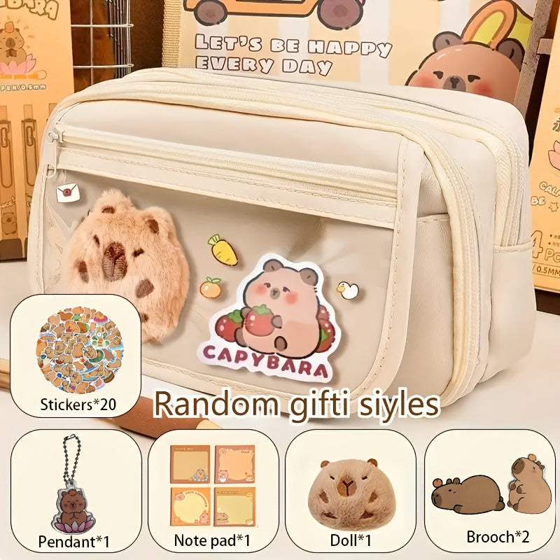 6-piece Capybara pencil case set with zipper, includes canvas bag, transparent storage box with compartment, doll, stickers, clips, and notepad.