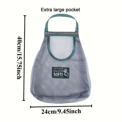 This heavy-duty hanging mesh storage bag with drawstring closure is ideal for organizing garlic, potatoes, and onions. Made of durable plastic with a breathable design, it is perfect for kitchen organization. The hanging produce bags feature visible