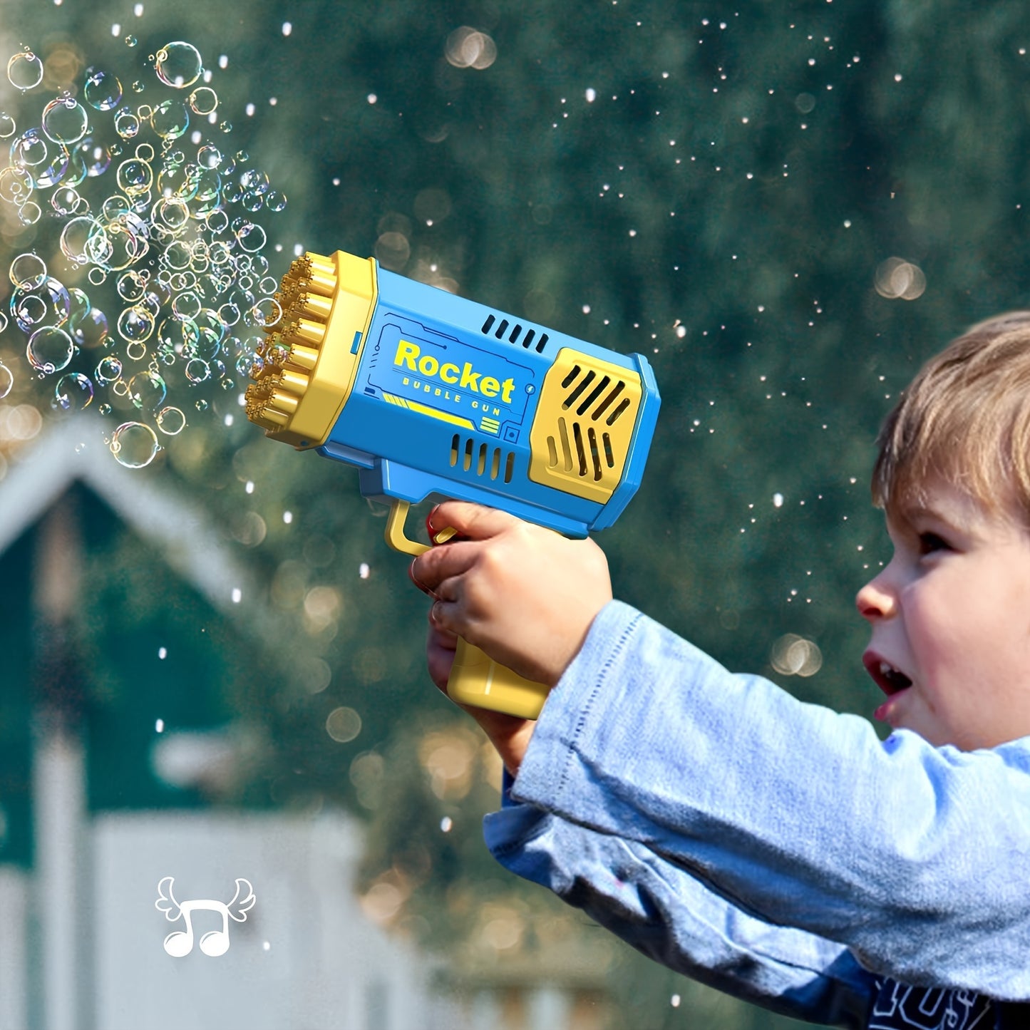 Kids' portable electric bubble gun with 40 holes and LED lights in pink/blue. Perfect for parties and outdoor fun. Made of plastic with a kid-friendly design.