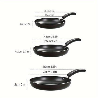 Set of 3 nonstick frying pans, suitable for induction cooking. Includes pans in sizes 20.32cm, 24.13cm, and 27.94cm, perfect for making omelettes and frying eggs. PFOA and PFAS free, safe for kitchen cooking.