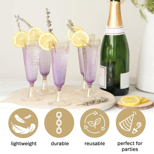 25 pieces of Golden Glitter 5oz Plastic Champagne Flutes, Clear and Eco-Friendly Toasting Glasses for Weddings, Anniversaries, and Garden Parties - Versatile Mimosa and Cocktail Cups