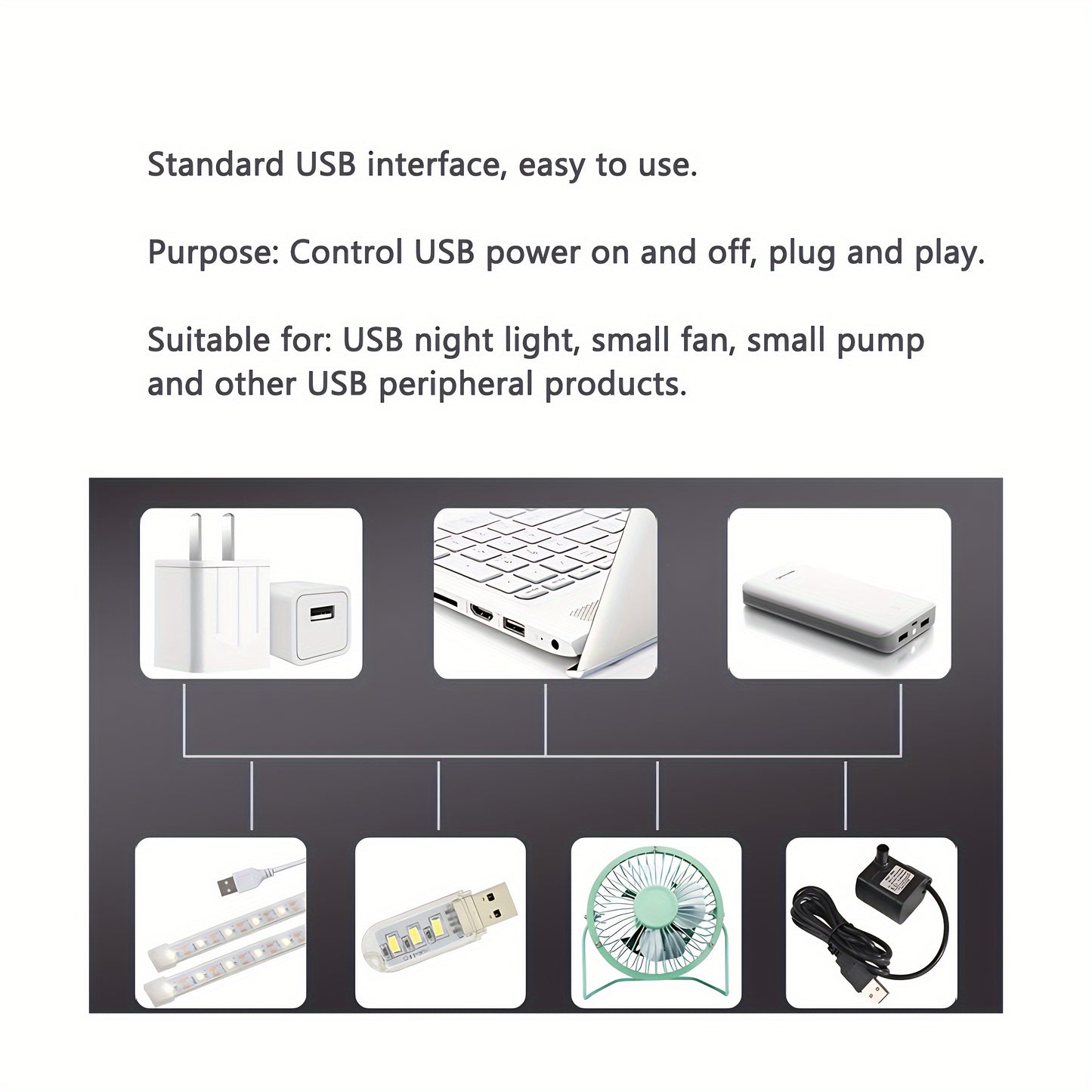 USB-powered wireless RF remote control for switch, operating at DC 5V for LED strips, reading lamps, and fans.