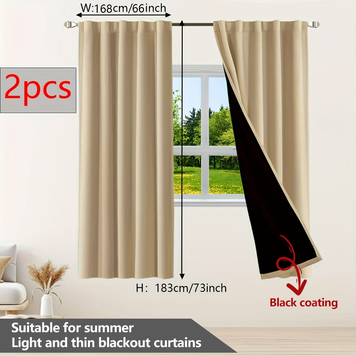 Two pieces of contemporary blackout curtains made from thermal insulated twill weave polyester. They are designed to reduce noise and block out light, making them perfect for the living room, bedroom, or study. These curtains feature a hook and ring rod