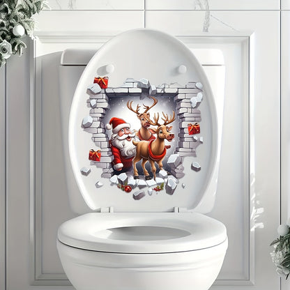 Christmas Santa & Reindeer Toilet Lid Sticker - Waterproof and Removable, Festive Holiday Decoration - 1 Piece