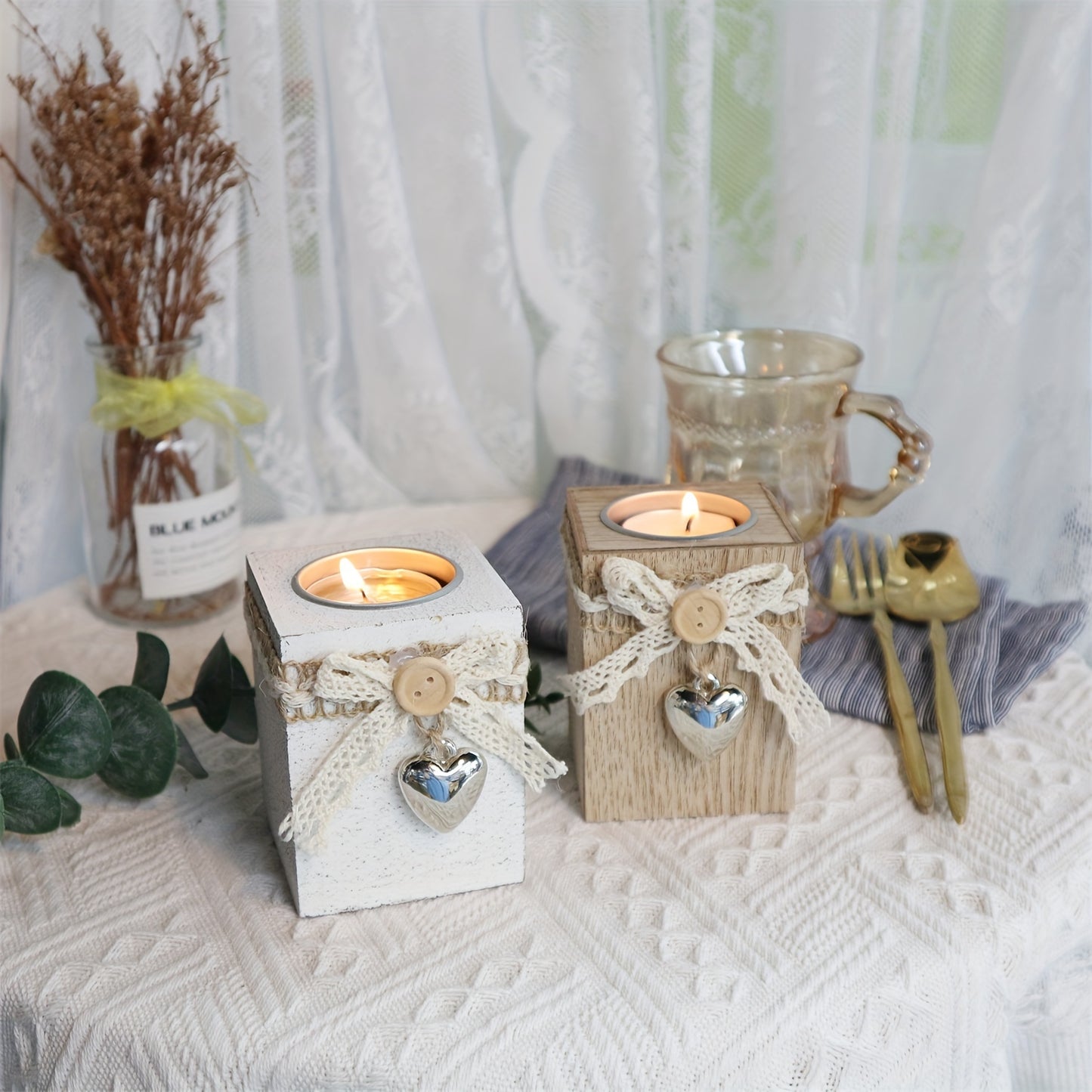 Wooden candle holder for table decoration, ideal for creating a romantic atmosphere for dates, dinners, or Halloween.