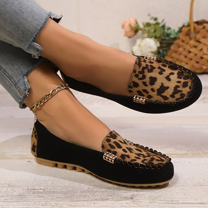 Leopard Print Patchwork Loafers with Metallic Chain Detail, Comfortable All-Season Footwear