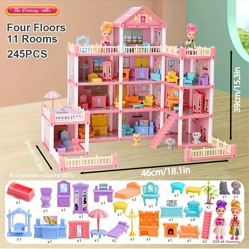 4-Story Pink Dollhouse Playset with Accessories and 2 Figures, Perfect Pretend Play Gift for Girls