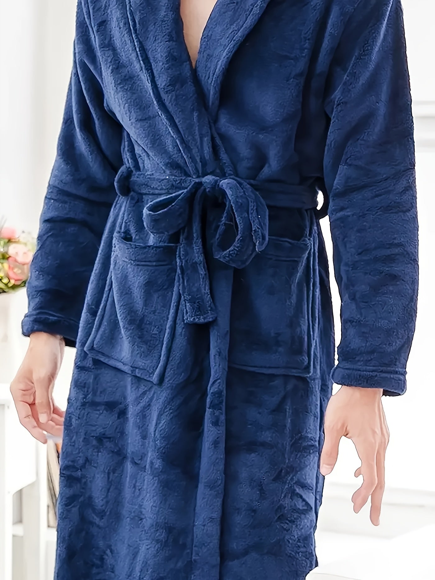 Men's long black fleece robe with large pockets, casual V-neck, adjustable waist tie, cozy lounge wear.