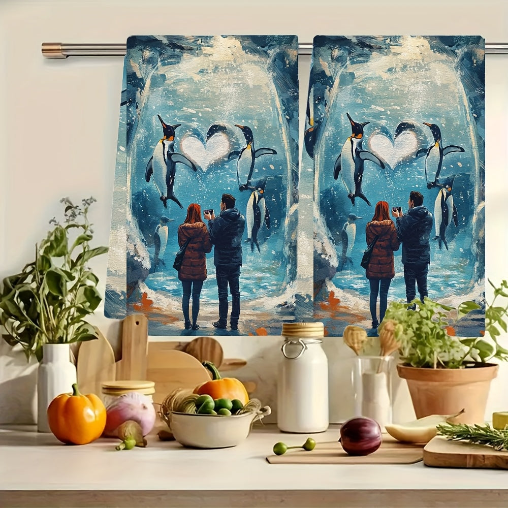 These ultra-soft kitchen towels showcase an adorable illustration of a couple having a great time at the zoo, admiring cute animals. Their favorite spot is by the penguin exhibit, where the penguins are swimming in a heart formation. The couple can't