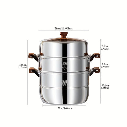 This 304 Stainless Steel Three-layer Steamer set includes 5 pieces with a double bottom design. It features a thick soup pot, a steamer rack, a pot lid, and two steaming trays. The set also includes counter-scald wooden handles for safety. This steamer