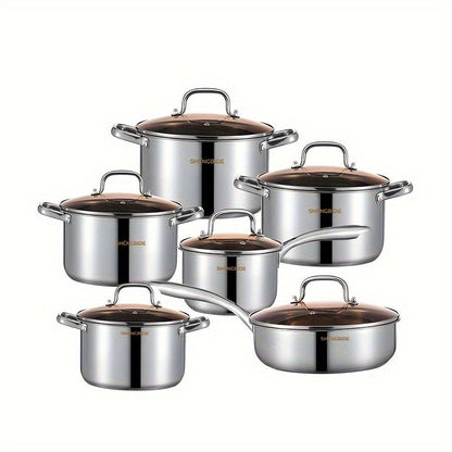 The 12-piece Stainless Steel Cookware Set includes 4 cooking pots, 1 skillet, 1 saucepan, and 6 lids. This set is perfect for a variety of cooking needs, with its large capacity and even heat distribution. It is compatible with both induction and gas