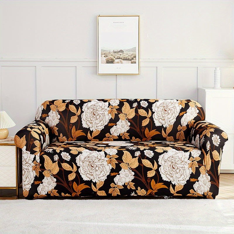 Modern printed sofa slipcover with elastic closure, made of 95% polyester and 5% spandex. Machine washable with active printing and stitched craftsmanship. Fits armchairs to sectional sofas, weighing 100-120gsm fabric.