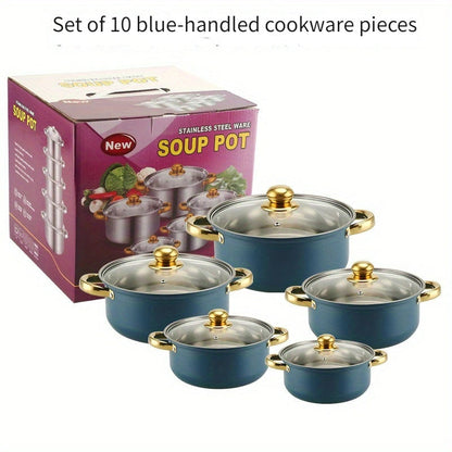 This Stainless Steel Cookware Set includes 10 pieces with lids, featuring Soup, Milk, and Sauce Pots in sizes ranging from 16.0cm to 25.4cm. Ideal for use in home kitchens.