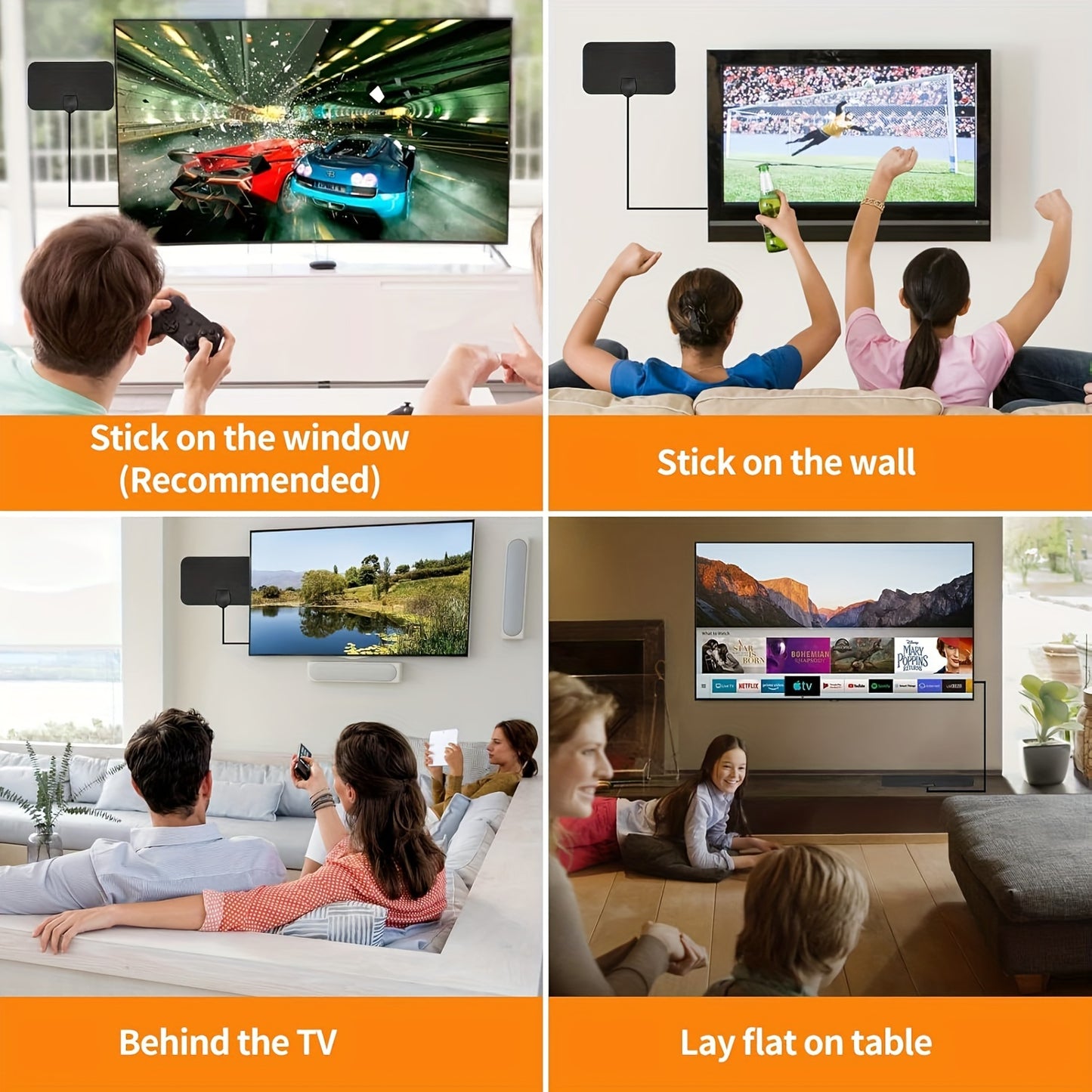 Ultra-Slim 2024 Indoor HDTV Antenna boosts signal up to 480 miles, supports 4K & 1080P for all TVs, USB powered for crystal clear reception.