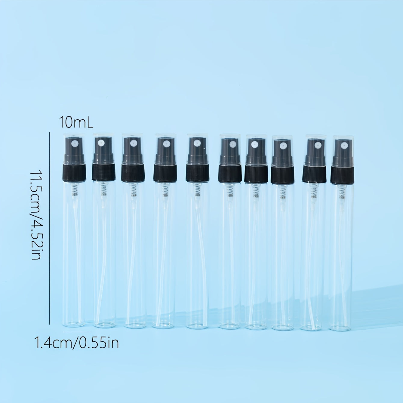 48 mini 10ml glass spray bottles in sleek black and transparent design, ideal for travel, perfect for perfumes, essential oils, and hydrating mist.