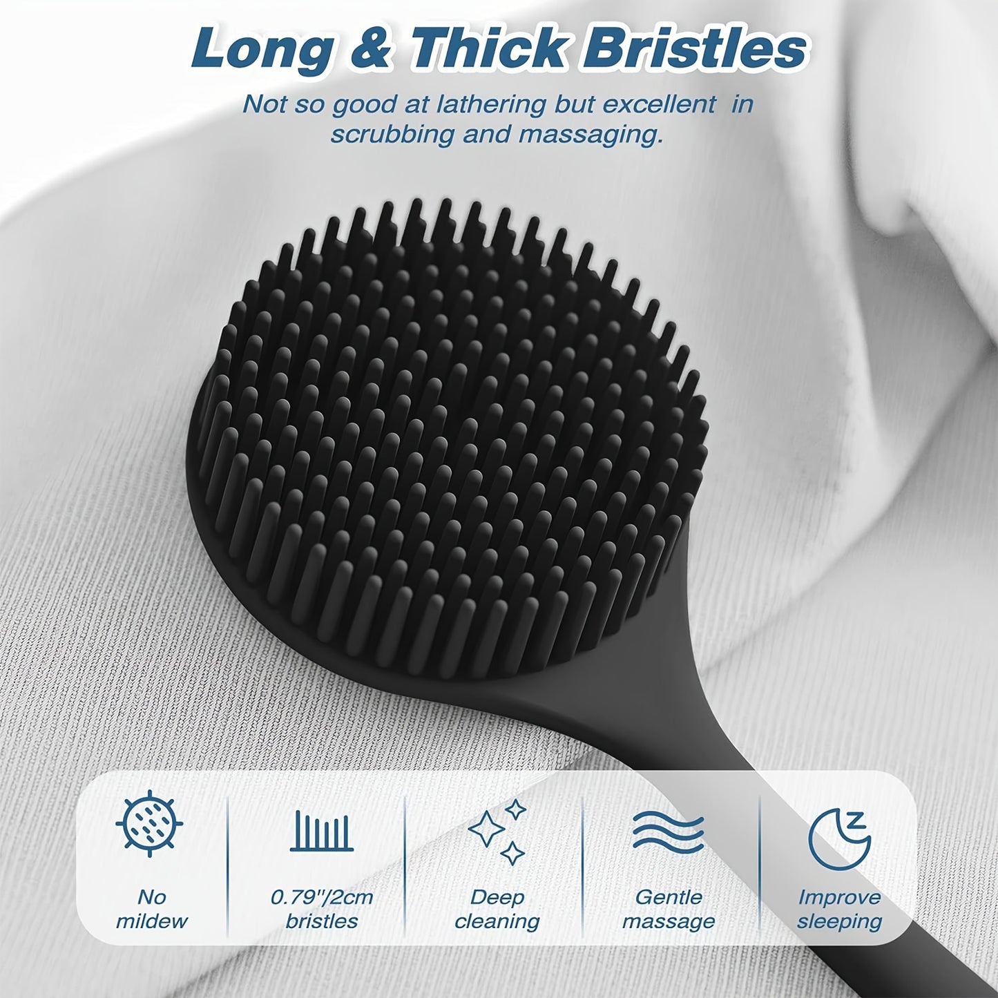 4-piece silicone bath & shower brush set with dual-sided long handle for back, face, and scalp massage. Gentle exfoliating body scrubber with soft bristles and non-slip grip for deep