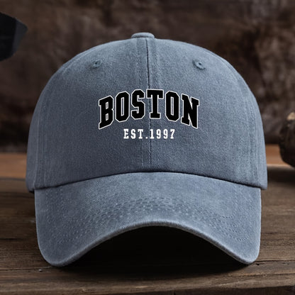 Boston Est. 1997 Unisex Fashion Baseball Cap with Adjustable Curved Brim made of Woven Textile Material, Easy Care, machine washable/dry clean.