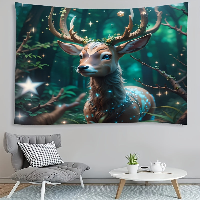 Enchanting Deer Tapestry with Starry Antlers - Whimsical Fantasy Art, Polyester Wall Decor for Nursery & Playroom