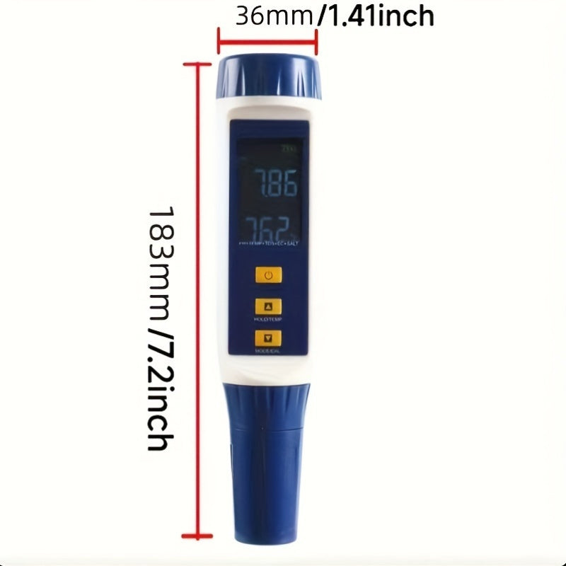 5-in-1 Water Quality Testing Pen with pH range 0-14pH. Large colorful screen. Measures pH/TDS/EC/Temp/Salinity. Battery operated. Non-rechargeable button batteries <20mm. Industrial