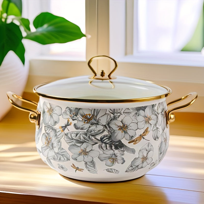 Enamel Soup Pot with Golden Trim - Featuring Dragonfly & Floral Design, Ideal for Home Cooking and Intimate Dinners