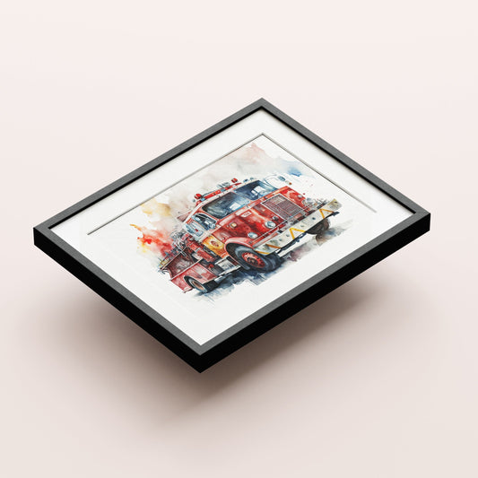 Collection of six fire truck art prints in a modern watercolor style, perfect for room decor. These frameless fire engine posters are made from waterproof polypropylene, ideal for living room and bedroom walls. A great home decor gift suitable for ages