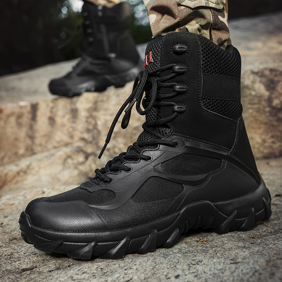 High-top tactical boots for men in beige stripe pattern, featuring a comfortable lace-up design with a non-slip EVA sole. Durable and versatile for outdoor adventures and casual wear