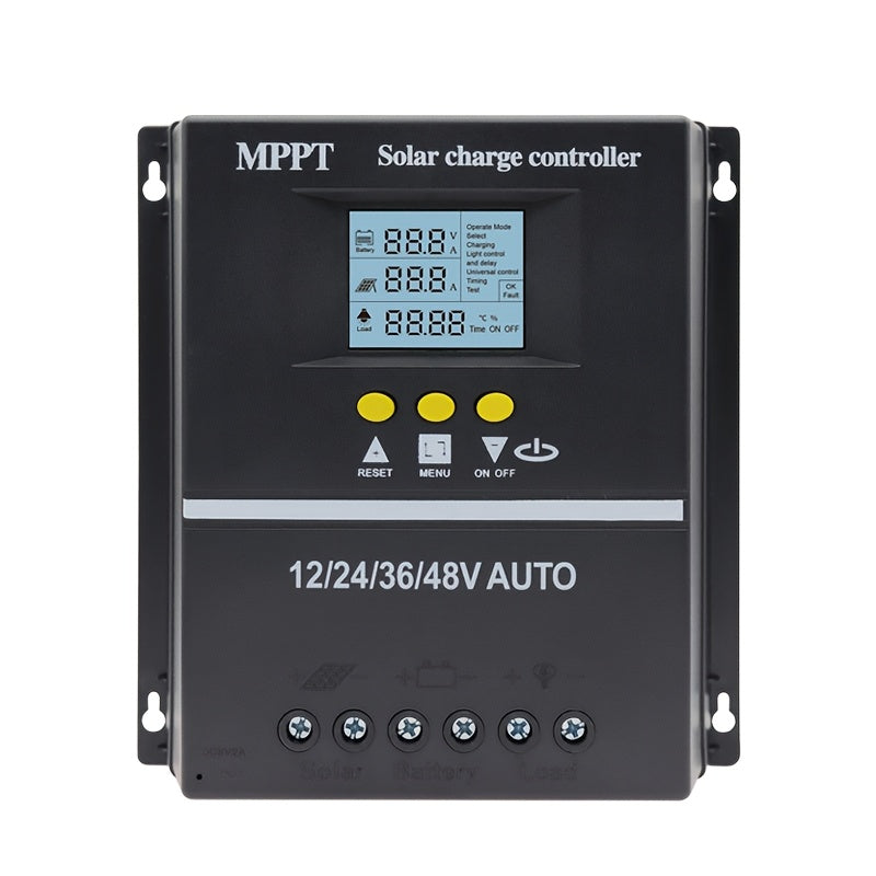 MPPT Solar Charge Controller supports multiple voltage options with LCD display, dual USB output for phone charging, compatible with lead-acid and lithium batteries, and features automatic