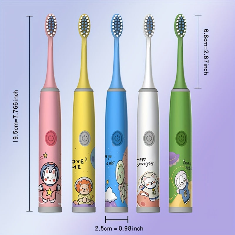 Children's Electric Toothbrush with 5 replacement brush heads in various colors. Suitable for kids aged 3-15, features soft bristles for gum protection and oral health care. Stylish