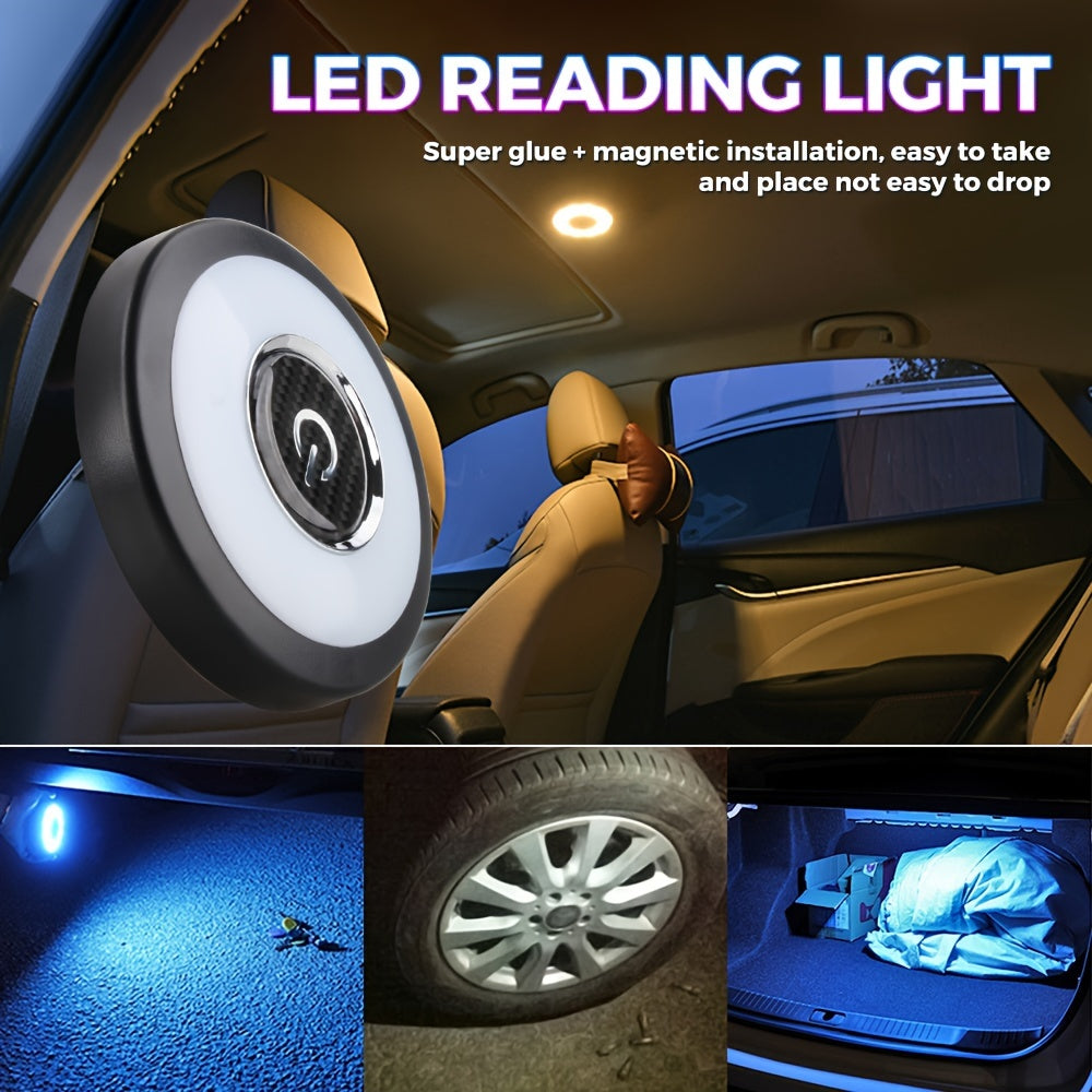 1pc USB rechargeable LED car ceiling light with 3 colors, magnetic roof attachment for vehicle and RV use, and can also be used as a reading or cabinet light in the bedroom.