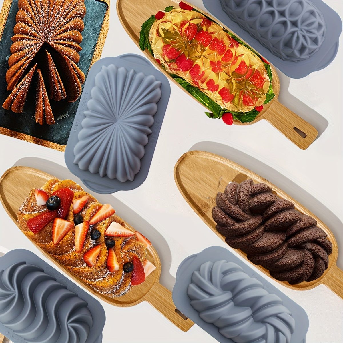 Set of 4 Silicone Baking Molds - Non-Stick, Flexible Loaf Pans featuring Lotus, Spiral, Braided, and Classic Fluted designs for Cakes, Breads, Meatloaf, Quiche, and more. Ideal for Holiday Parties and Gifting.