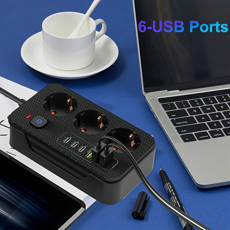 Multipurpose socket with 3 power outlets (3 USB-A, 3 TYPE-C) and automatic short circuit protection. Ideal for use in various locations such as home, office, kitchen, computer desk, and