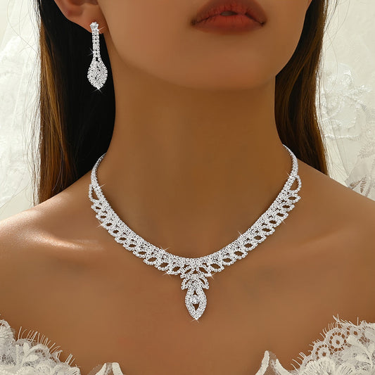 Complete Wedding Jewelry Set for Women - Includes Floral Necklace, Dangle Earrings, Adjustable Bracelet, and Cubic Zirconia Ring. Perfect for Bridal Bridesmaids at Prom or other Elegant Events.