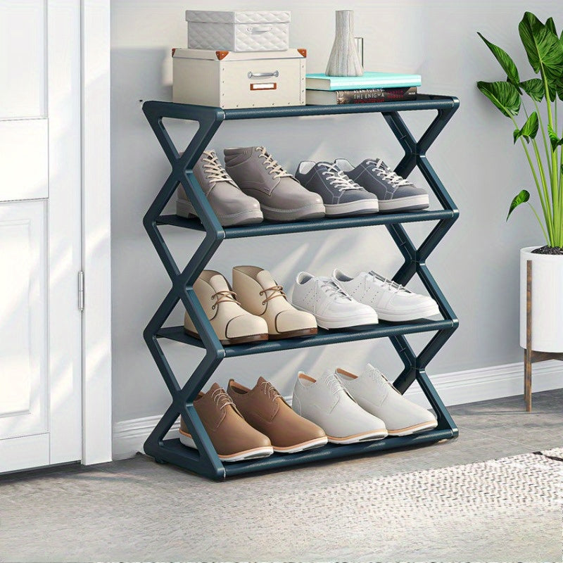 Black Plastic Freestanding Bedroom Shoe Rack with Expandable & Adjustable Fabric Shelves - Stackable X-Shape Design - 4 Tiers