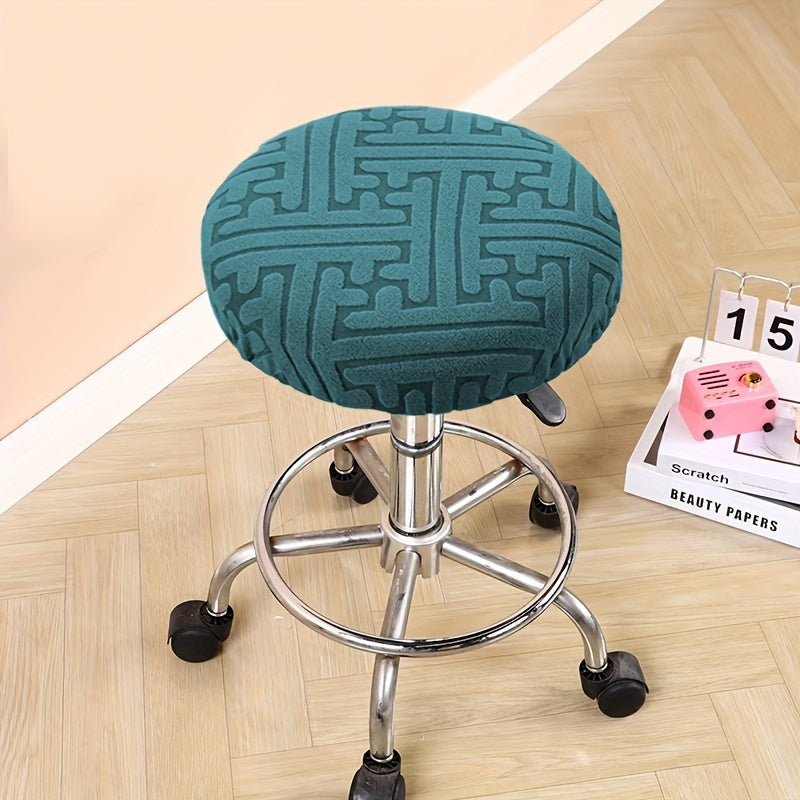 Modern round stool cover with geometric patterns, ideal for bar chairs and countertops. Beige, elastic, dustproof, machine washable polyester blend fabric.