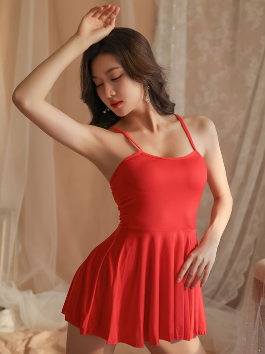 Red slip dress with a sexy backless design made of semi-sheer polyester knit fabric for women. Perfect for lingerie.