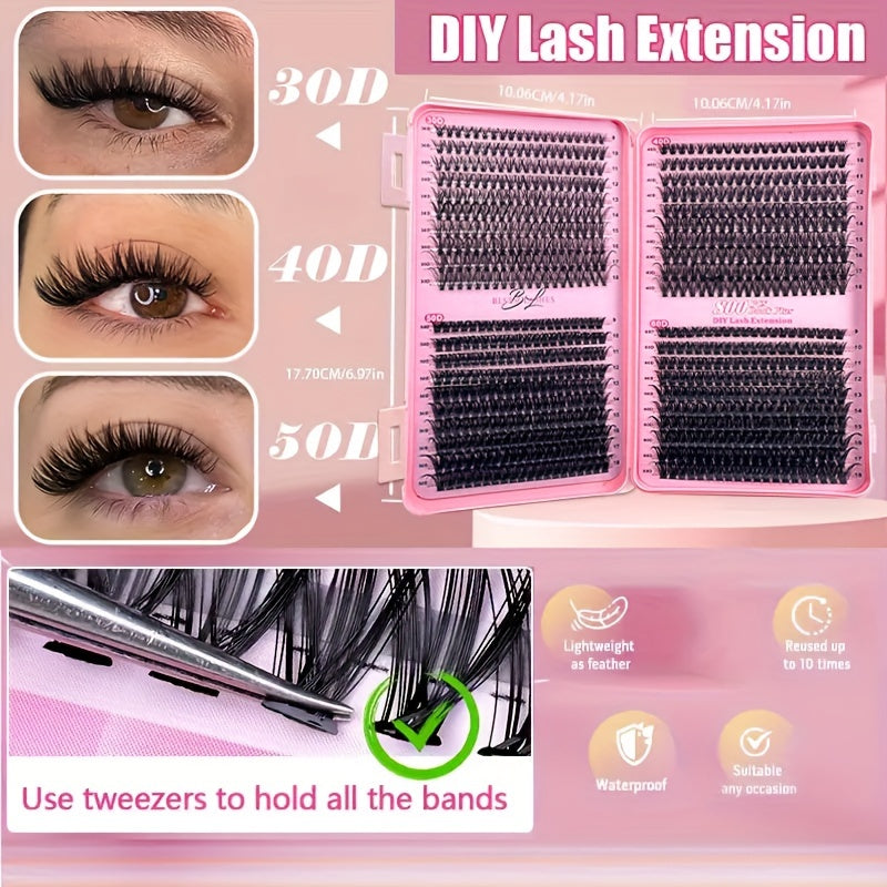 DIY eyelash cluster set with 800/200pcs of 30D-60D single eyelashes in mixed 9-16mm lengths for a super thick, D curl effect at home, creating a light cartoon eyelash look.